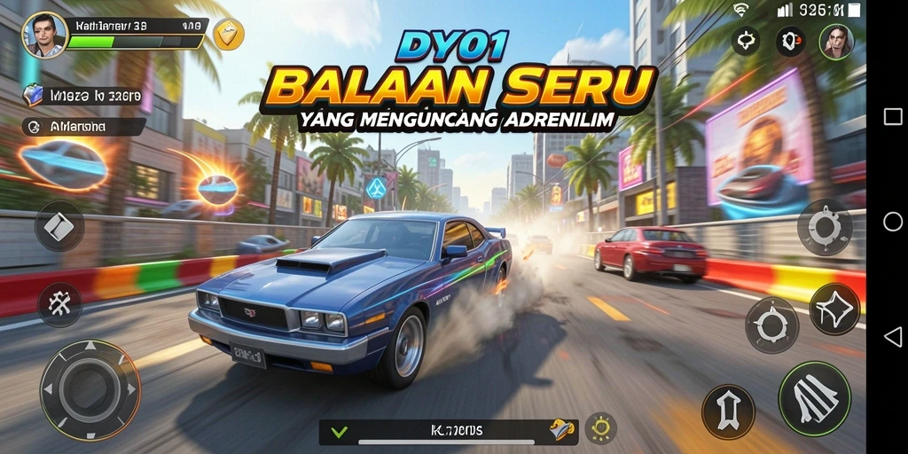 Gameplay DY01 dengan mobil balap di arena penuh tantangan.