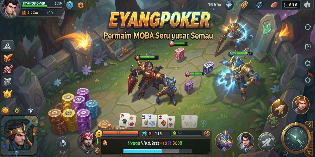 Screenshot gameplay EYANGPOKER menampilkan aksi seru di arena pertempuran.