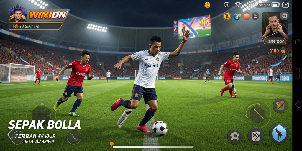 Tampilan gameplay seru dalam WINIDN, memperlihatkan aksi di lapangan sepak bola.